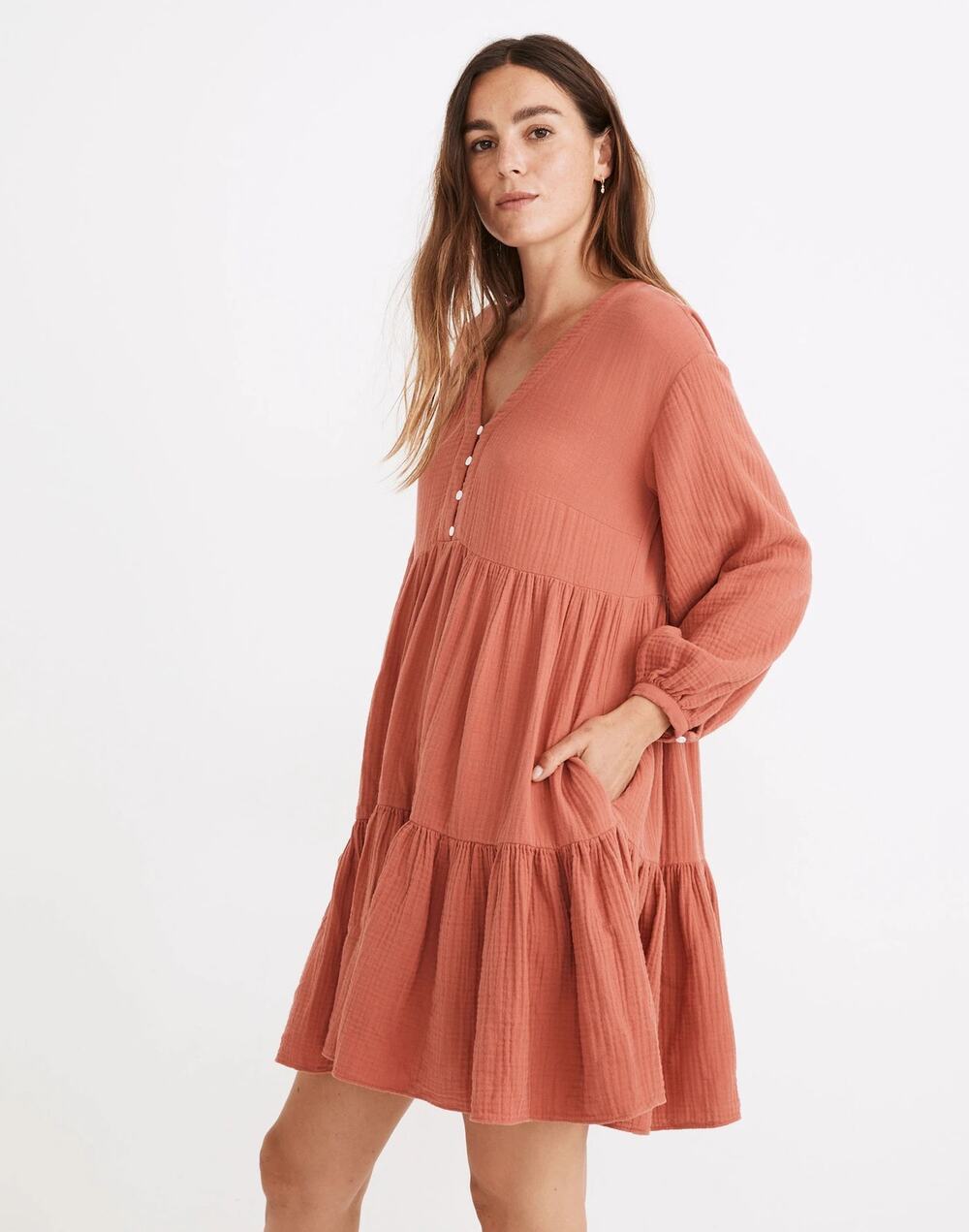 Madewell Lightspun Colette Orange Balloon Long Sleeve Tiered Swing Mini Dress 14